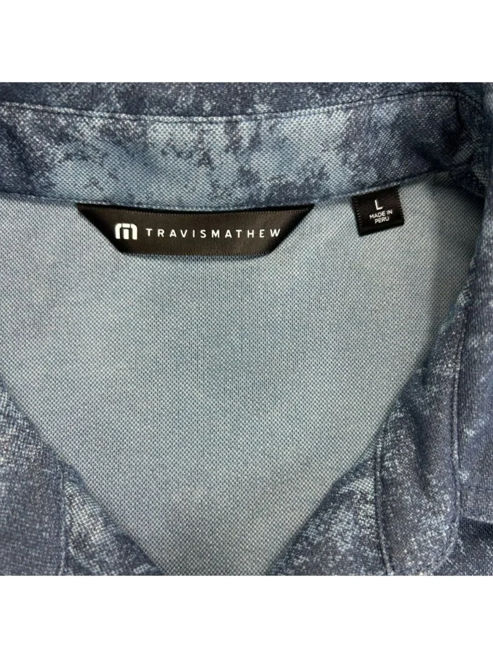 Travis Mathew Polo Shirt Mens L Blue Marble Print Golf Short Sleeve Lightweight